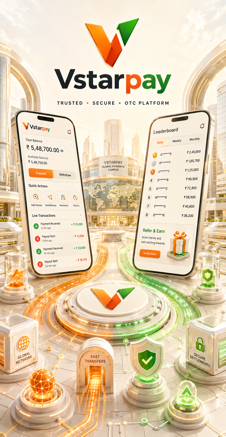 VstarPay promotional artwork with illustrative phone interfaces